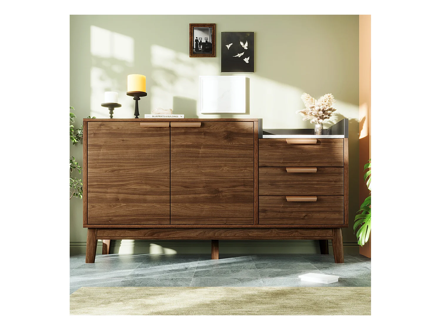 URBAN MEUBLE Buffet marron effet bois 2 portes 3 tiroirs effet faux marbre gris blanc
