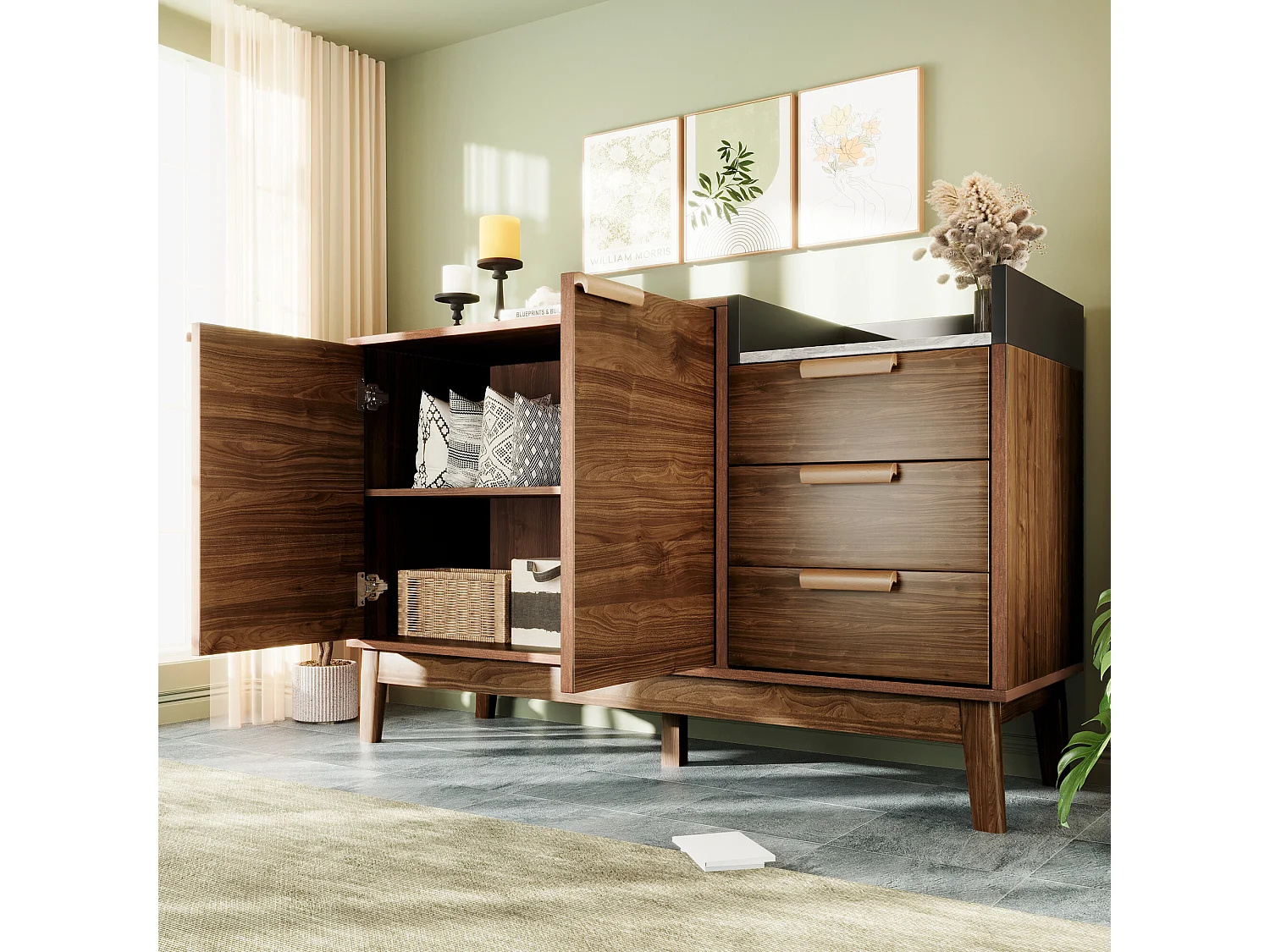 URBAN MEUBLE Buffet marron effet bois 2 portes 3 tiroirs effet faux marbre gris blanc