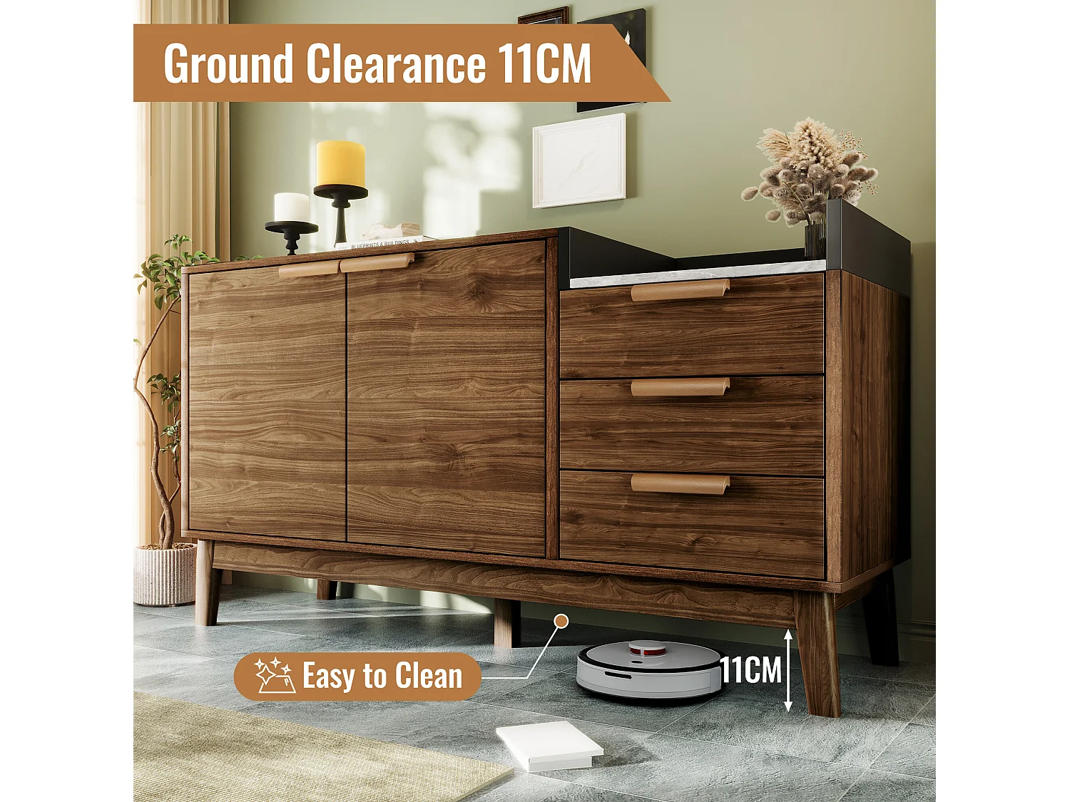 URBAN MEUBLE Buffet marron effet bois 2 portes 3 tiroirs effet faux marbre gris blanc