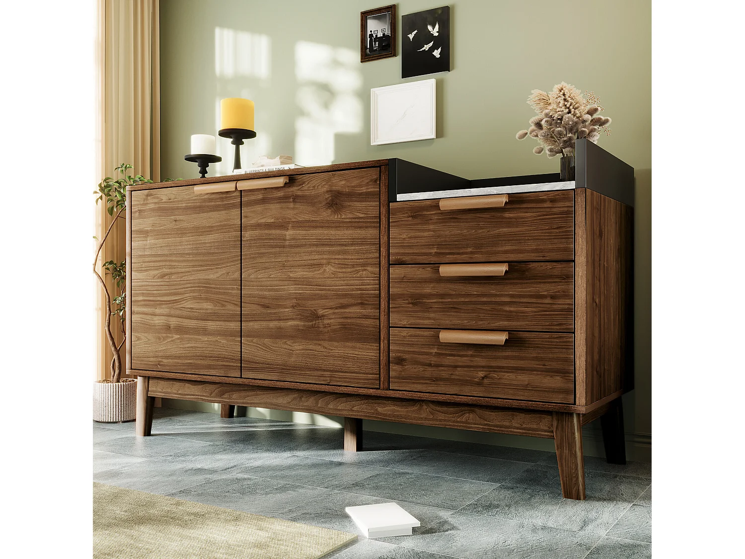 URBAN MEUBLE Buffet marron effet bois 2 portes 3 tiroirs effet faux marbre gris blanc