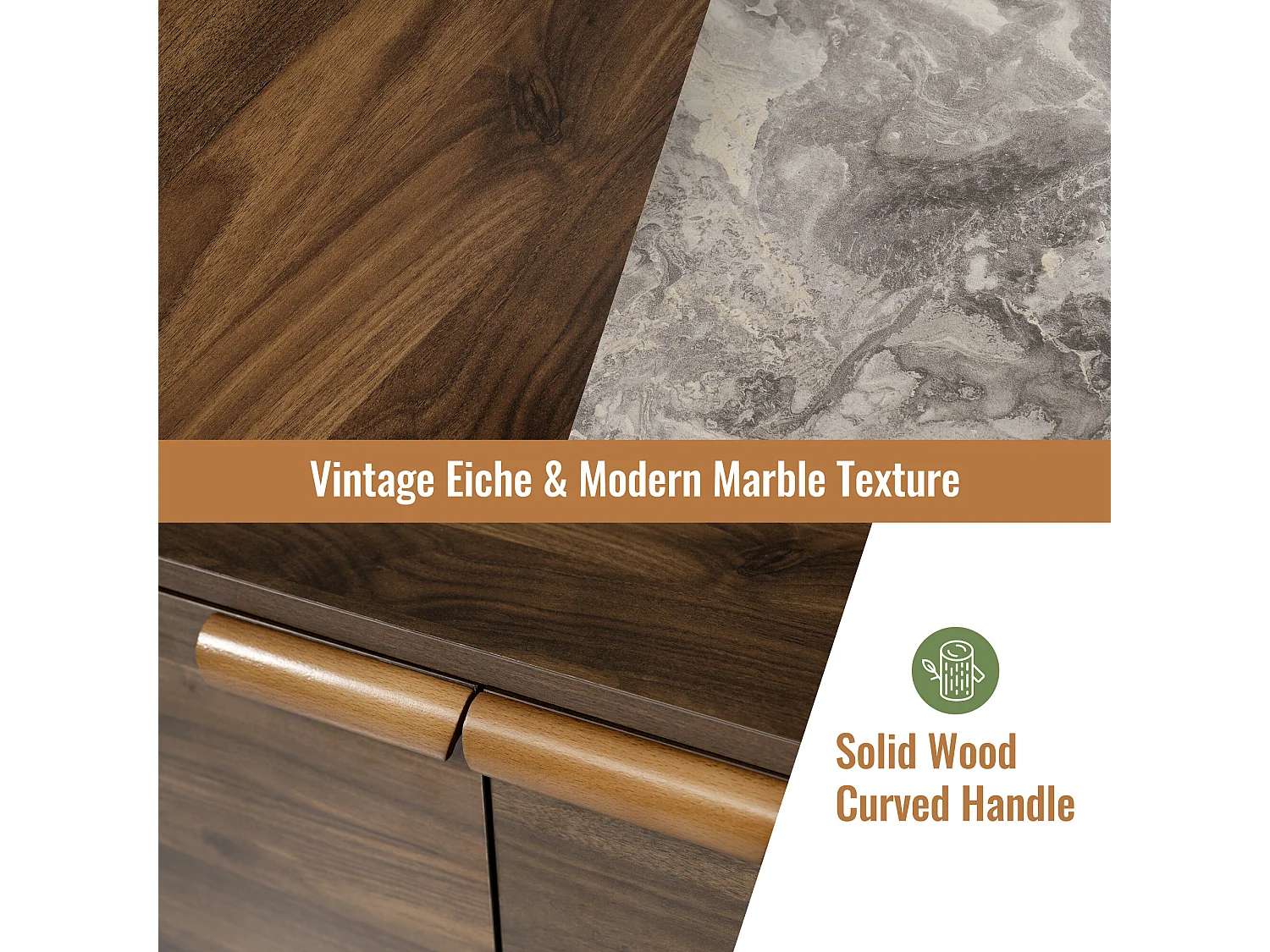 URBAN MEUBLE Buffet marron effet bois 2 portes 3 tiroirs effet faux marbre gris blanc