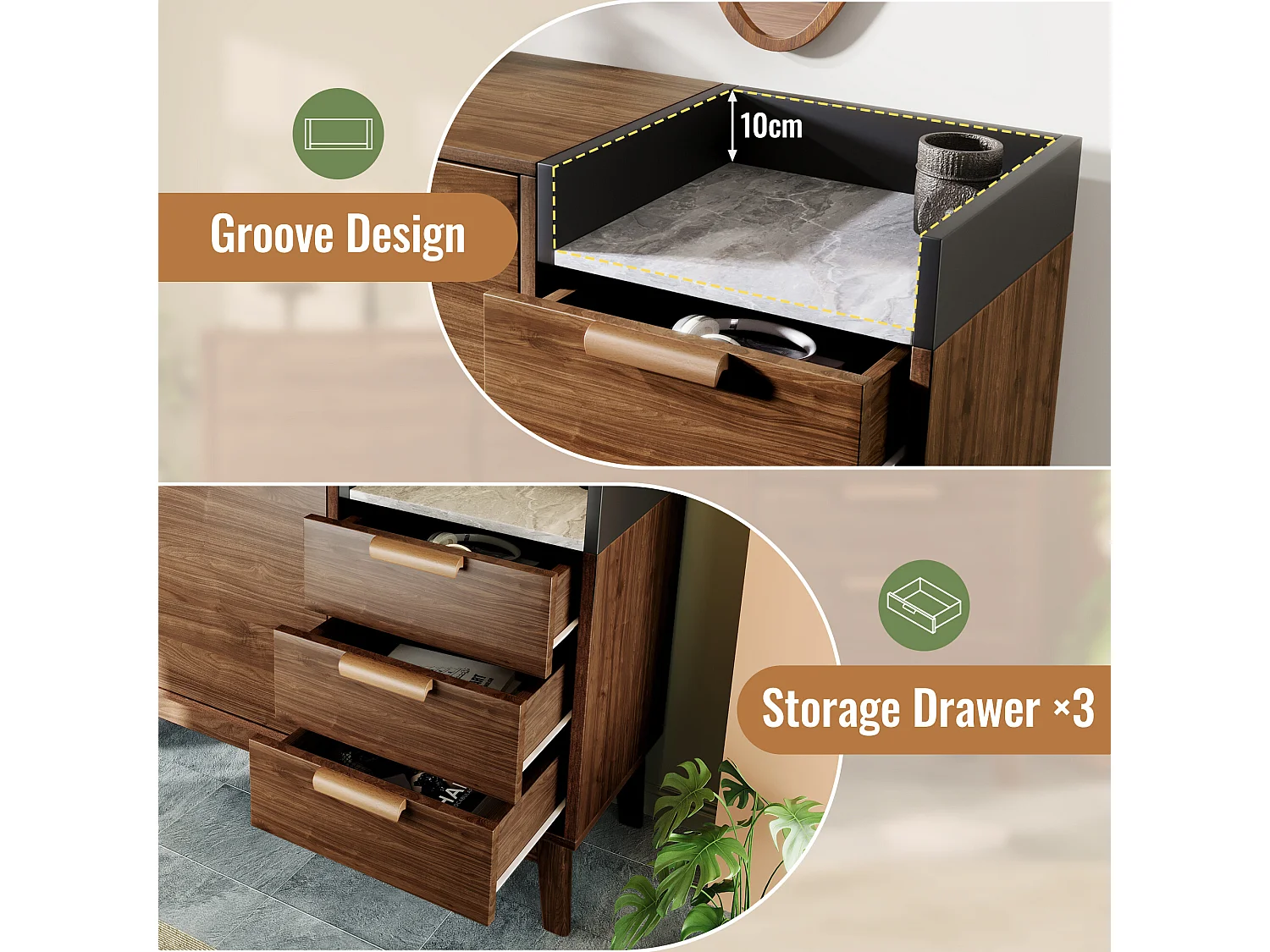 URBAN MEUBLE Buffet marron effet bois 2 portes 3 tiroirs effet faux marbre gris blanc