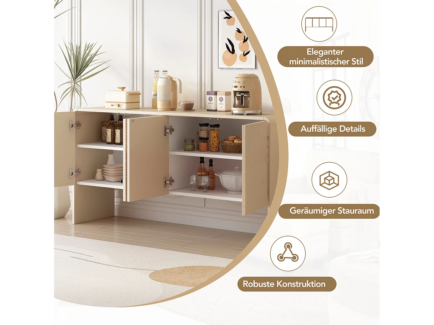 URBAN MEUBLE Buffet effet bois 4 portes avec motifs rainurés bords arrondis