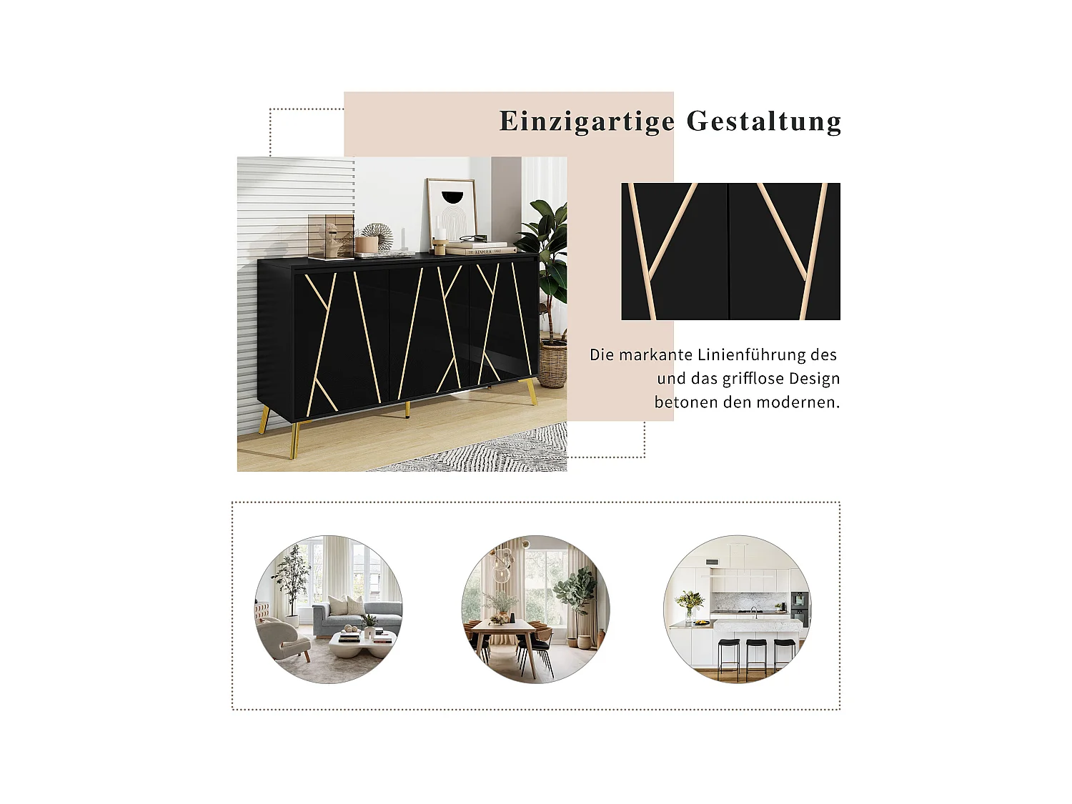 URBAN MEUBLE Buffet moderne noir avec motif géométrique accents dorés