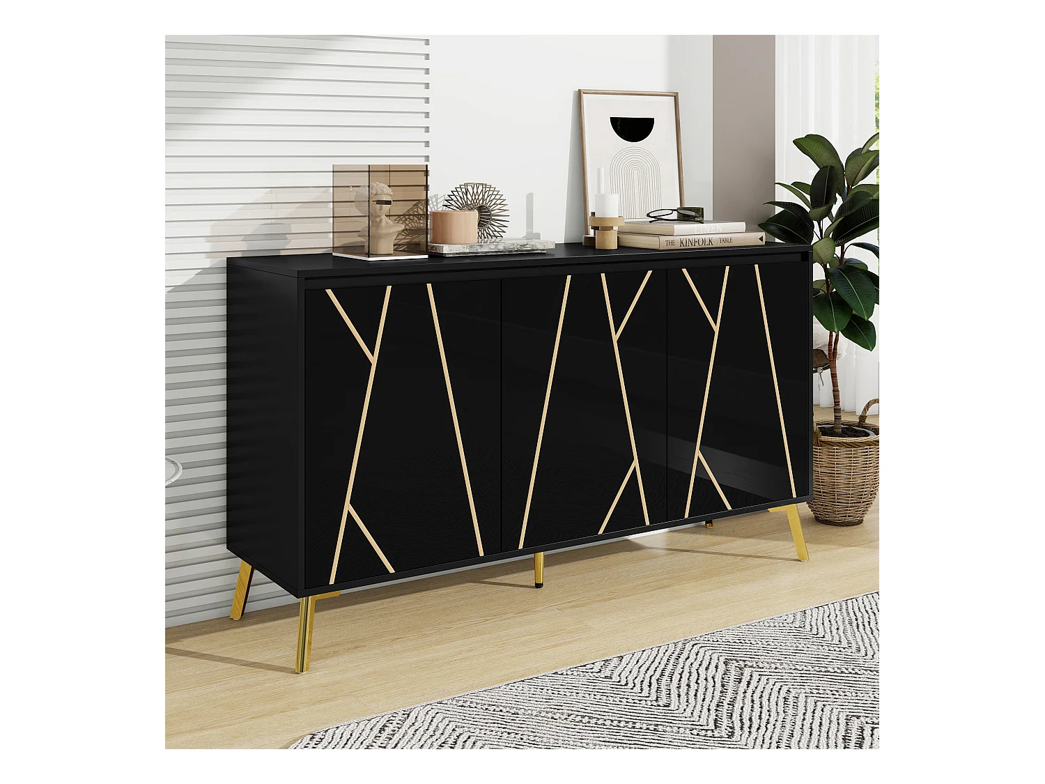 URBAN MEUBLE Buffet moderne noir avec motif géométrique accents dorés