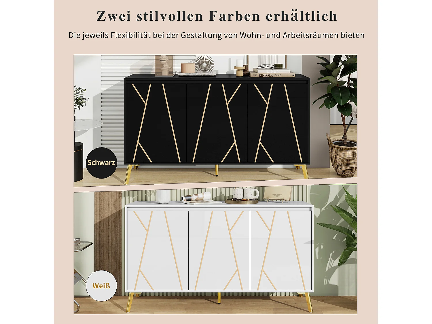 URBAN MEUBLE Buffet moderne noir avec motif géométrique accents dorés