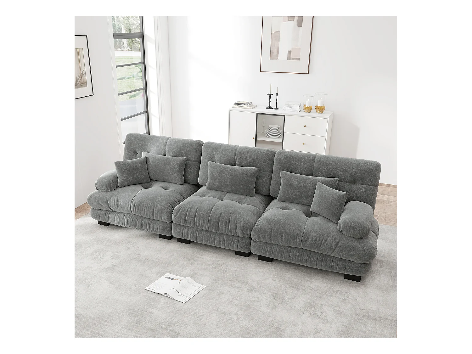 URBAN MEUBLE Canapé modulable 3 places en tissu chenille gris