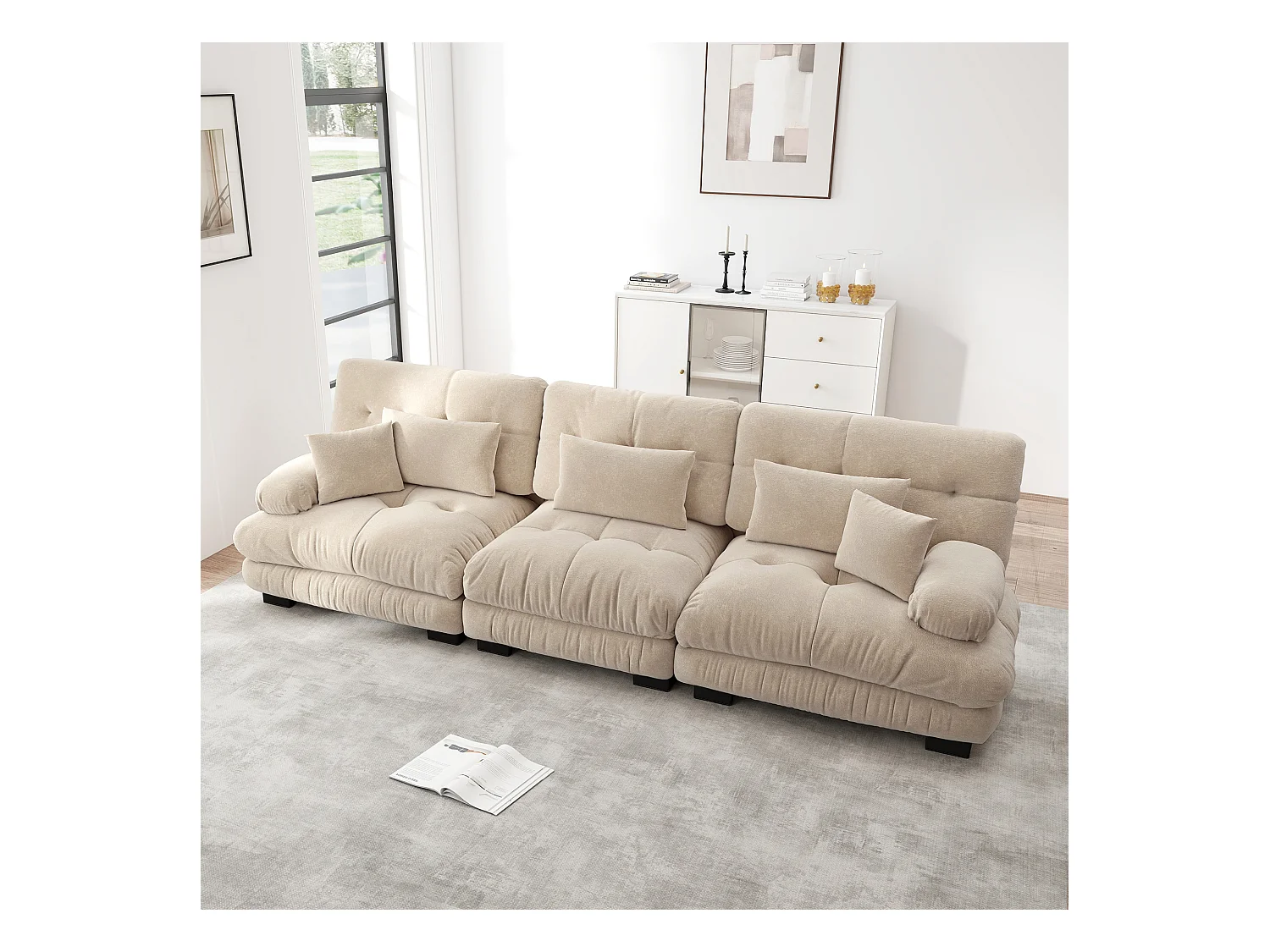 URBAN MEUBLE Canapé rembourré modulable 3 places en tissu chenille creme assise profonde