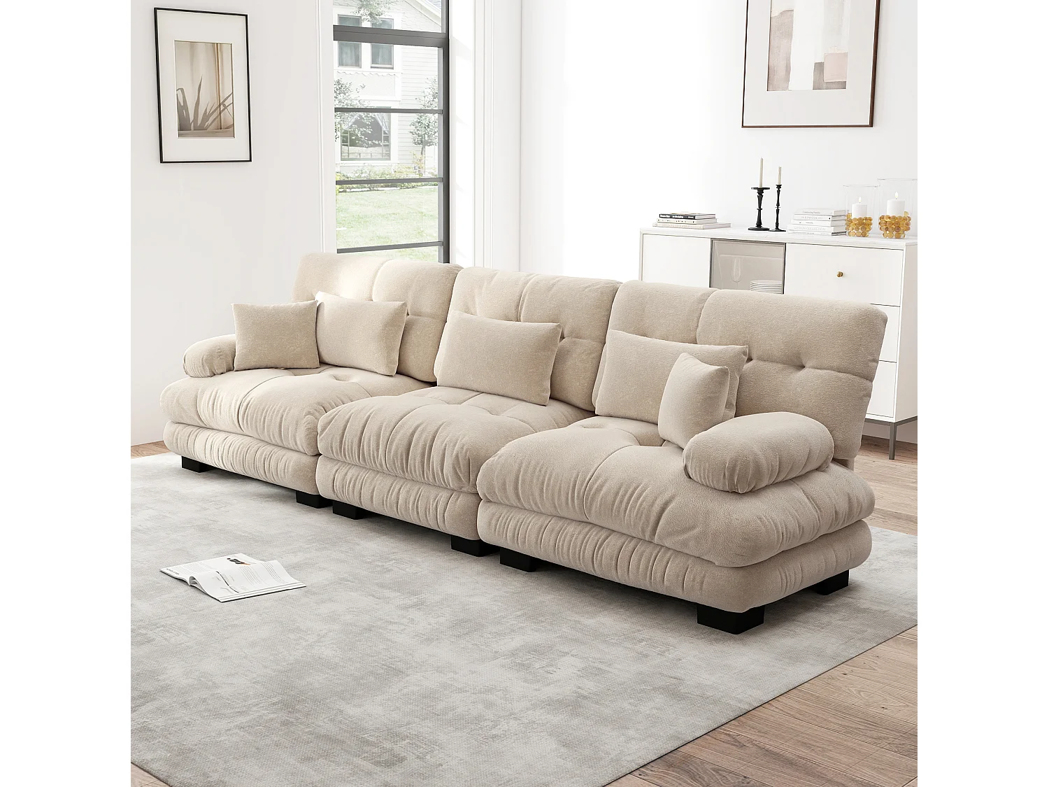 URBAN MEUBLE Canapé rembourré modulable 3 places en tissu chenille creme assise profonde