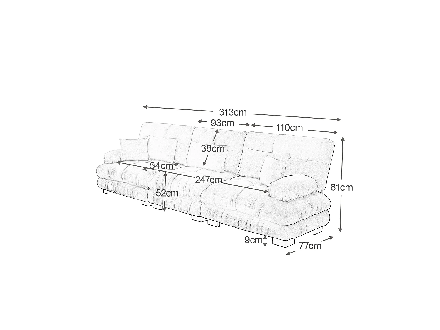 URBAN MEUBLE Canapé rembourré modulable 3 places en tissu chenille creme assise profonde