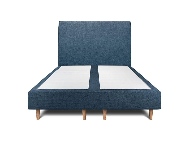 Lit 160x200cm avec tête de lit tapissier tissu et double sommier tapissier bleu - Hauteur totale : 35cm