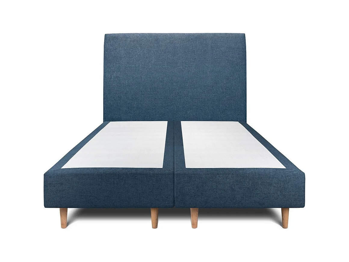 Lit 160x200cm avec tête de lit tapissier tissu et double sommier tapissier bleu - Hauteur totale : 35cm