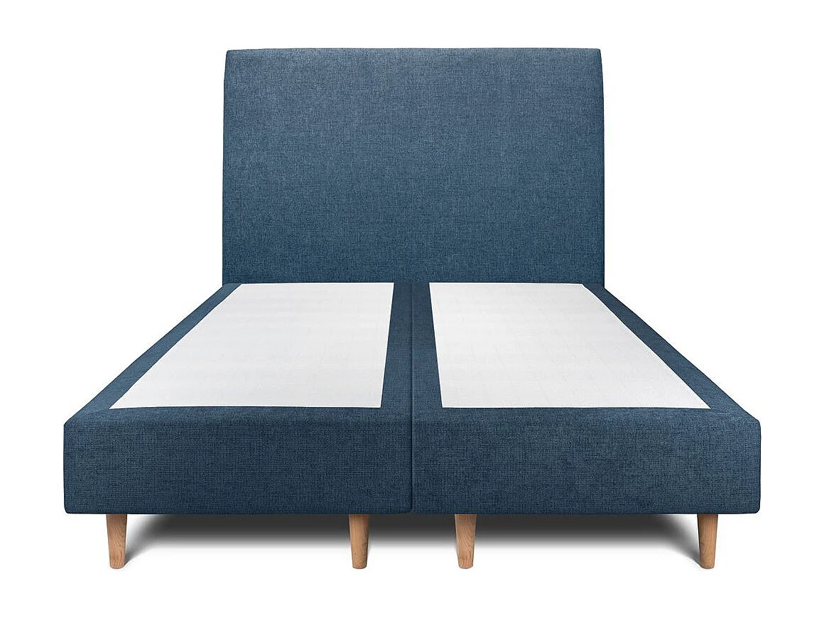 Lit 160x200cm avec tête de lit tapissier tissu et double sommier tapissier bleu - Hauteur totale : 35cm