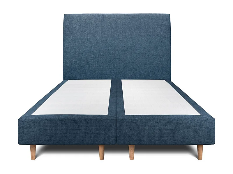 Lit 160x200cm avec tête de lit tapissier tissu et double sommier tapissier bleu - Hauteur totale : 35cm
