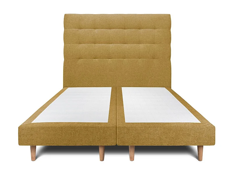 Lit 160x200cm avec tête de lit capitonnée tissu et double sommier tapissier jaune - Hauteur totale : 29cm