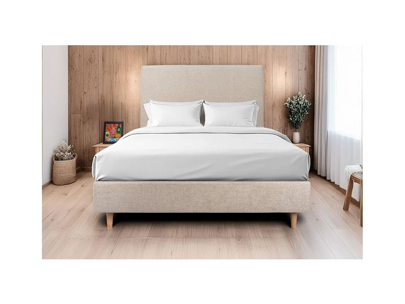 Lit 140x190cm avec tête de lit tapissier tissu et sommier tapissier beige brun - Hauteur totale : 35cm