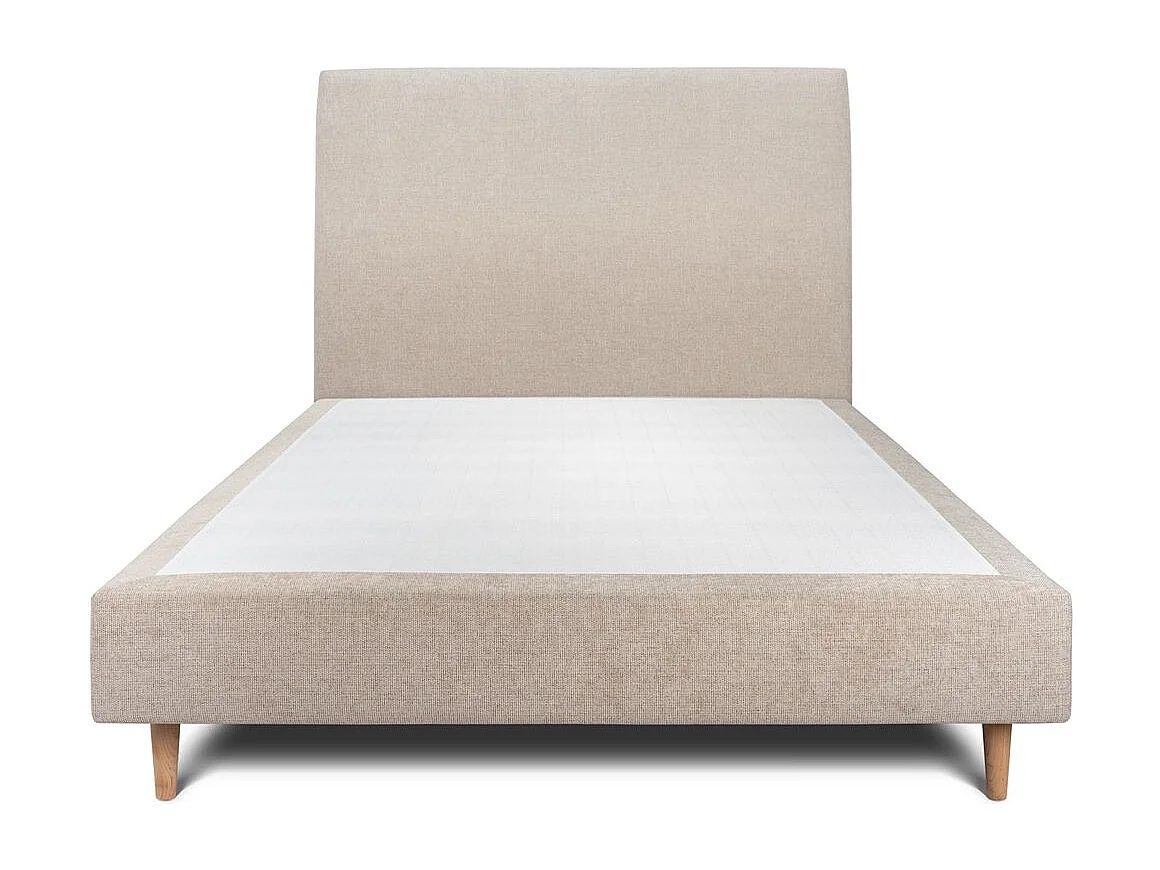 Lit 140x190cm avec tête de lit tapissier tissu et sommier tapissier beige brun - Hauteur totale : 35cm