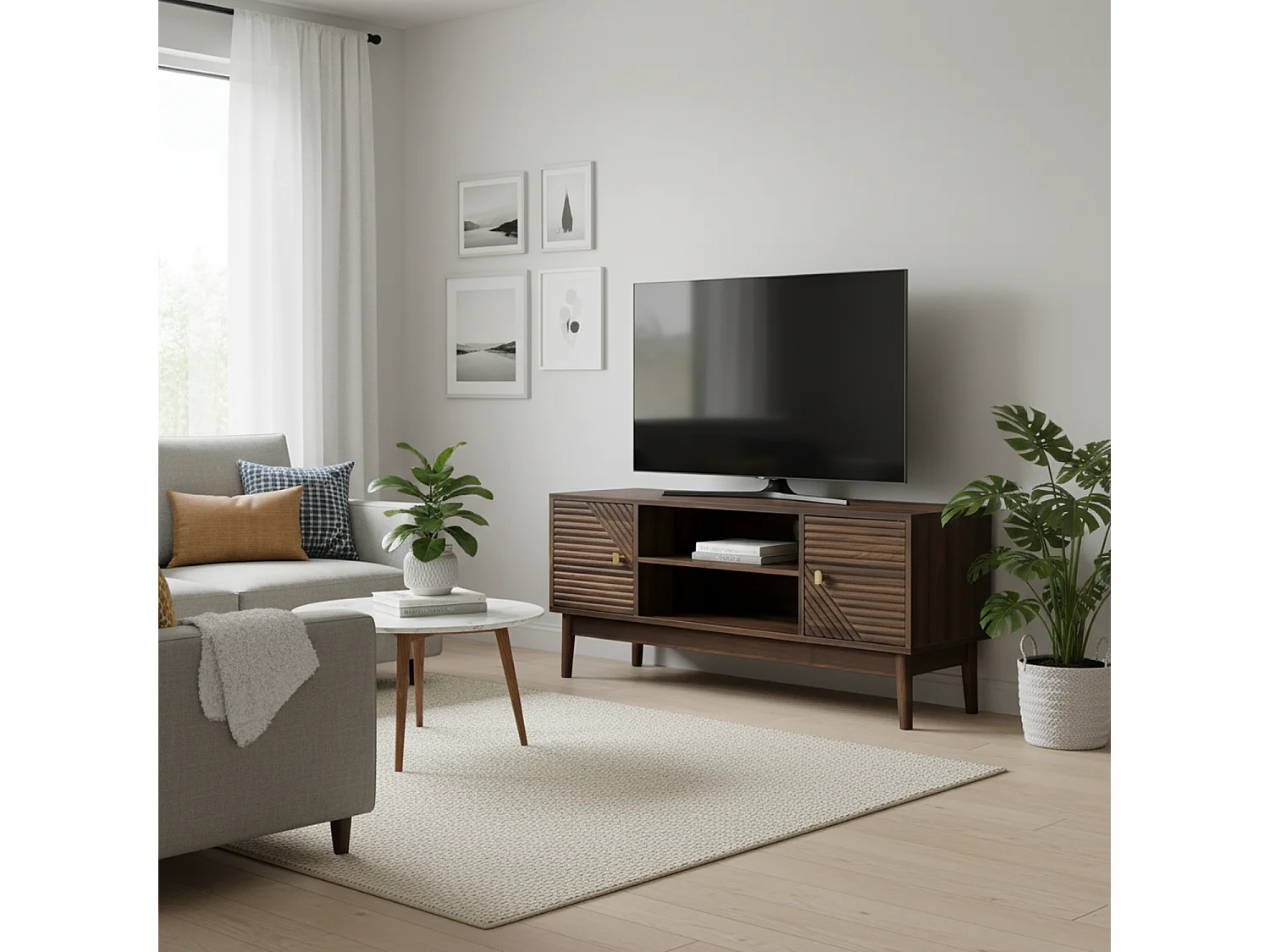 URBAN MEUBLE Meuble TV effet bois vintage 2 portes et 2 niches