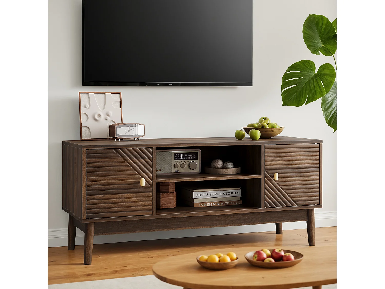 Meuble TV effet bois vintage 2 portes et 2 niches