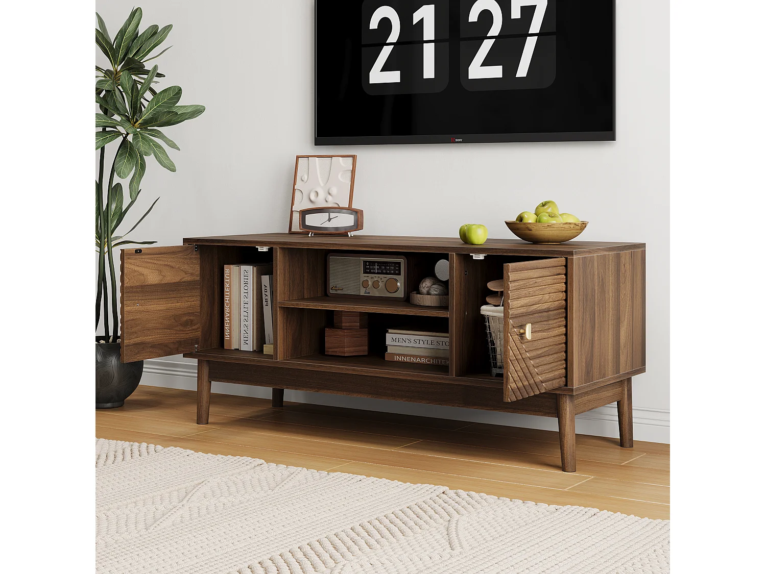 Meuble TV effet bois vintage 2 portes et 2 niches