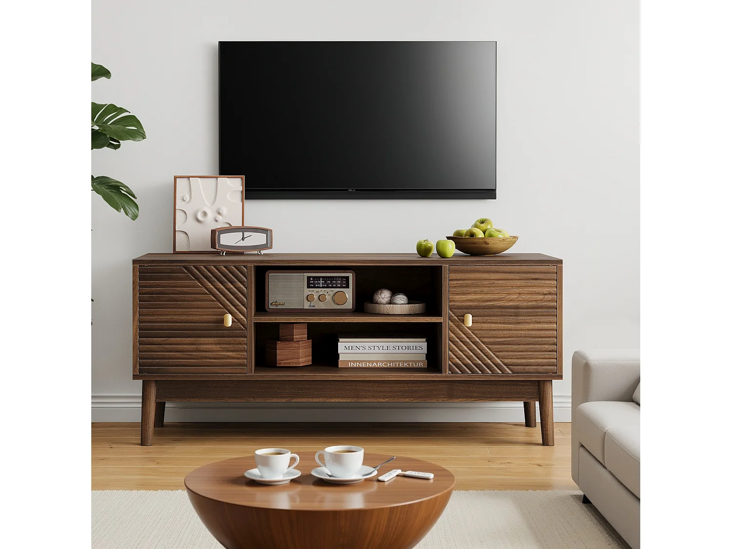 Meuble TV effet bois vintage 2 portes et 2 niches