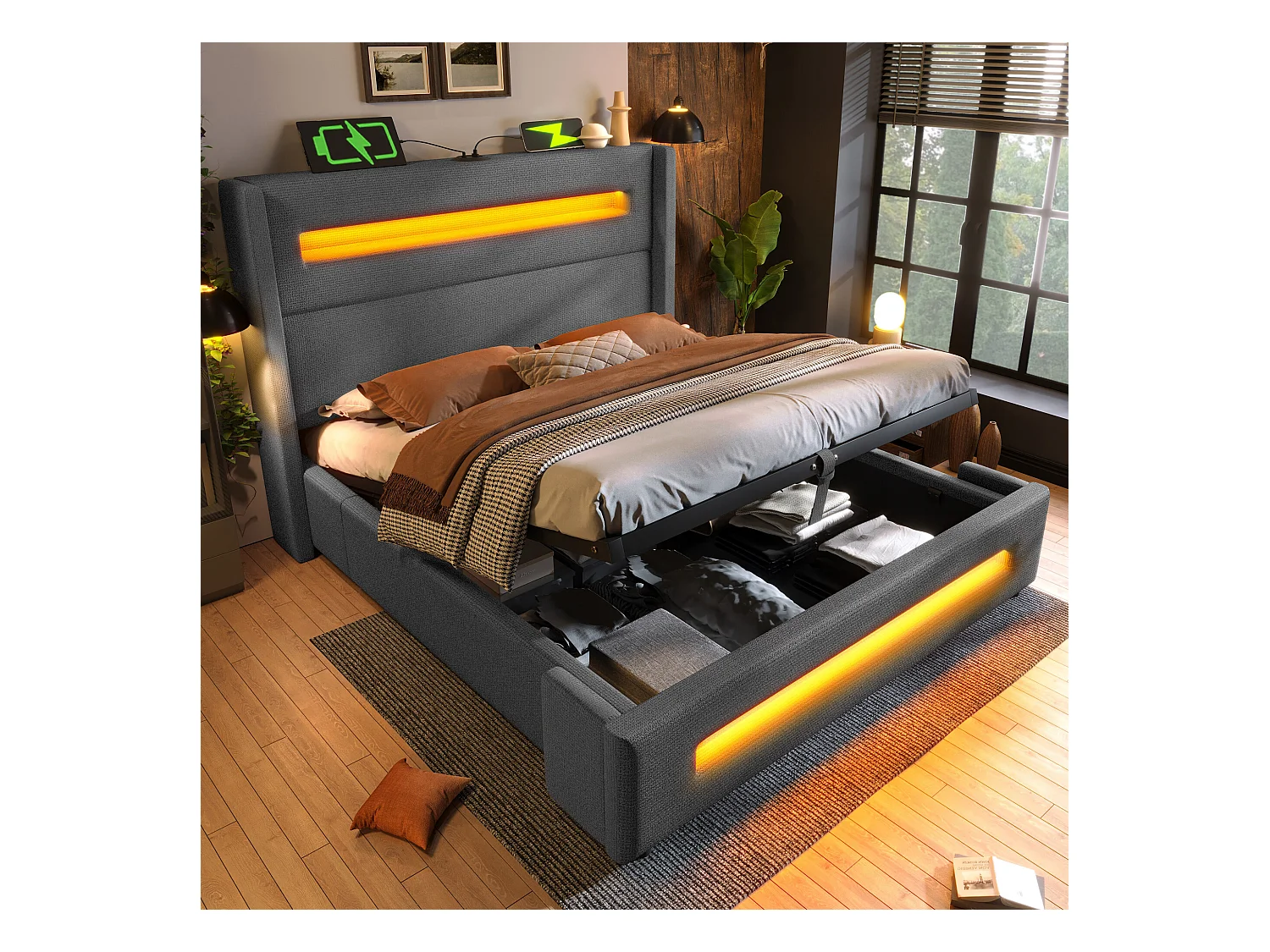 URBAN MEUBLE Lit offre queen tissu gris avec éclairage LED et deux prises 160*200cm (matelas non inclus)