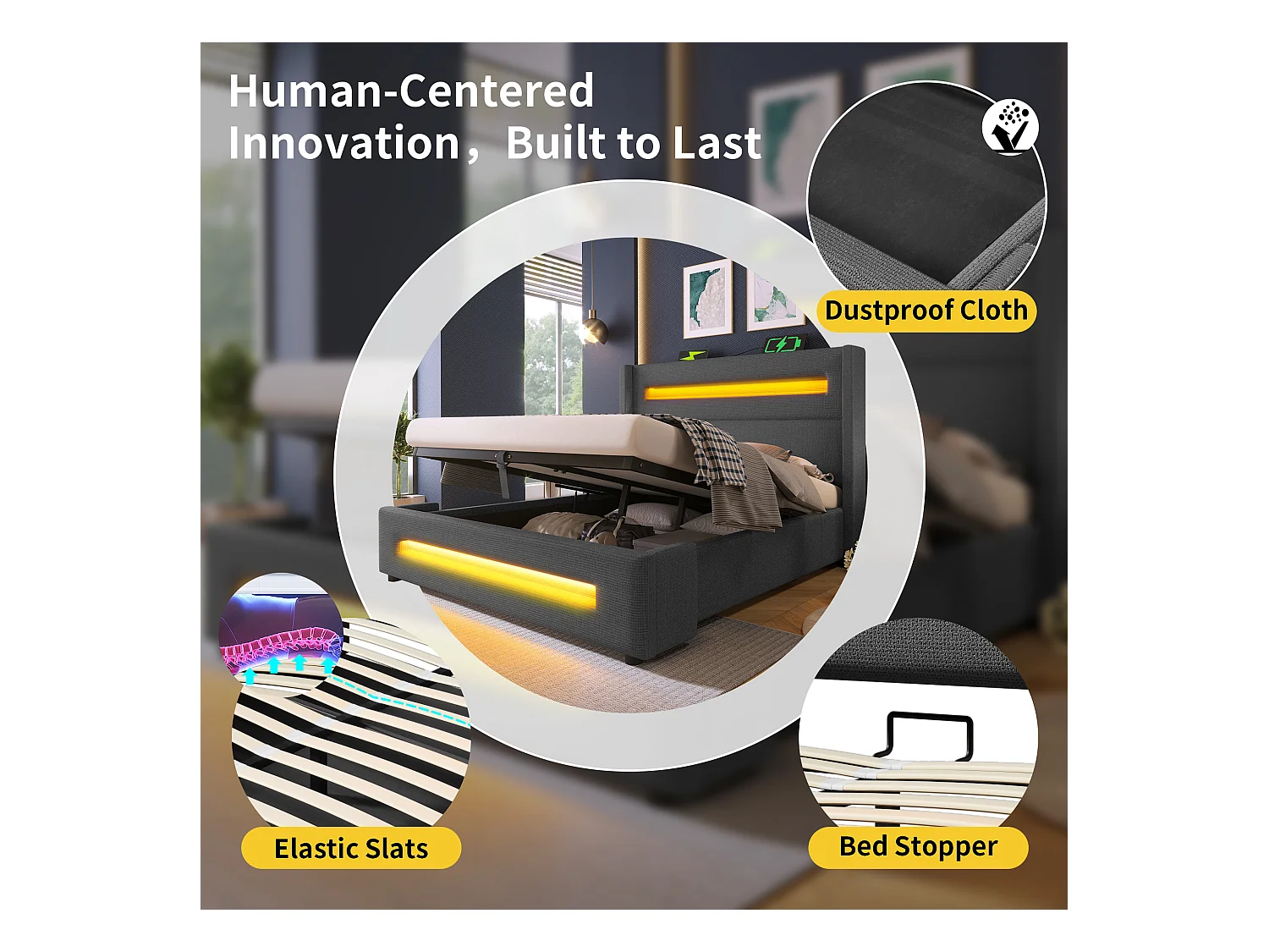 URBAN MEUBLE Lit offre queen tissu gris avec éclairage LED et deux prises 160*200cm (matelas non inclus)