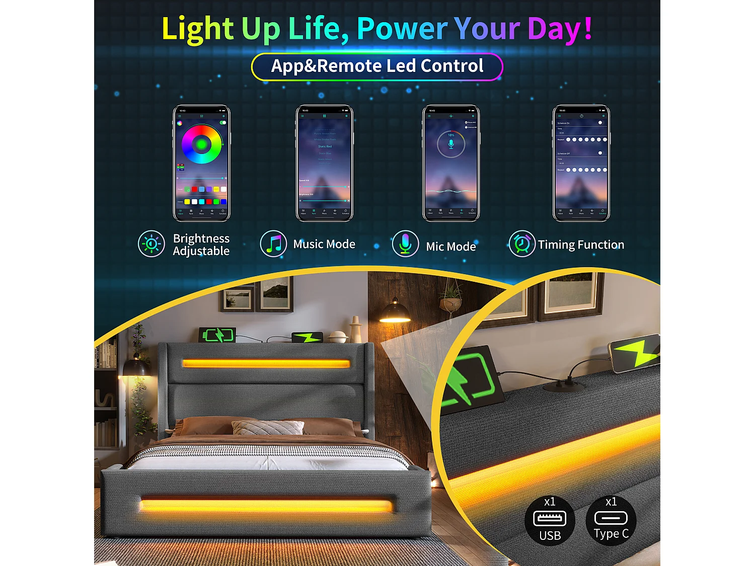 URBAN MEUBLE Lit offre queen tissu gris avec éclairage LED et deux prises 160*200cm (matelas non inclus)