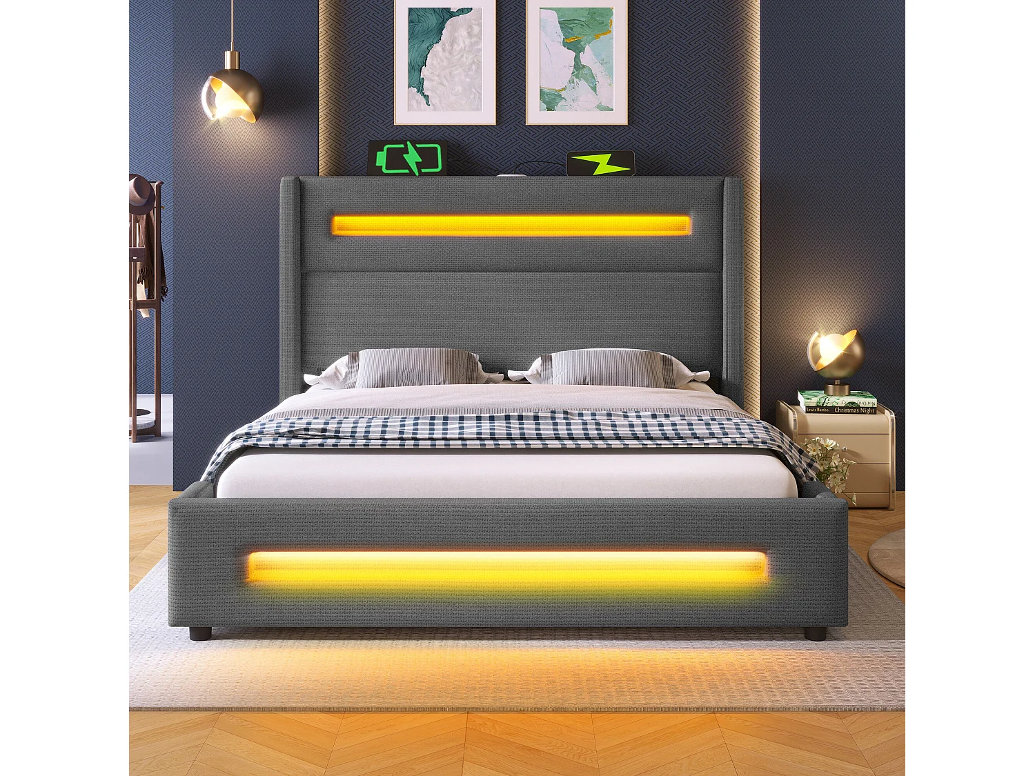 URBAN MEUBLE Lit offre queen tissu gris avec éclairage LED et deux prises 160*200cm (matelas non inclus)