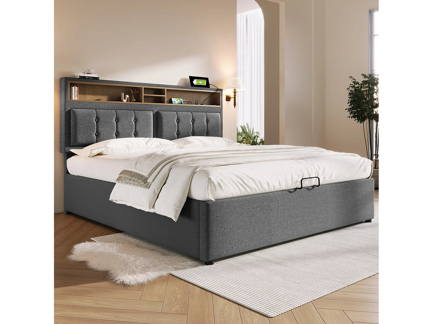 URBAN MEUBLE Lit offre queen tissu gris avec port USB C et rangement 160*200cm