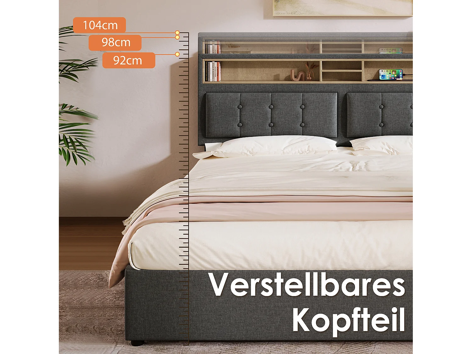 URBAN MEUBLE Lit offre queen tissu gris avec port USB C et rangement 160*200cm