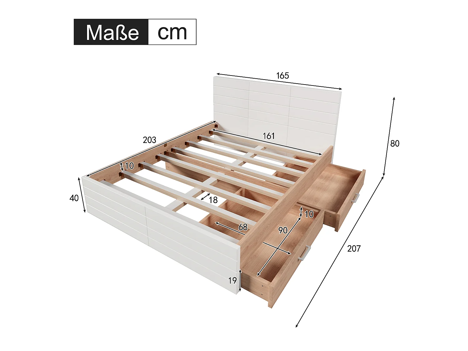 URBAN MEUBLE Cadre de lit queen blanc scandinave avec 2 tiroirs de rangement sous le lit 160*200cm (matelas non inclus)