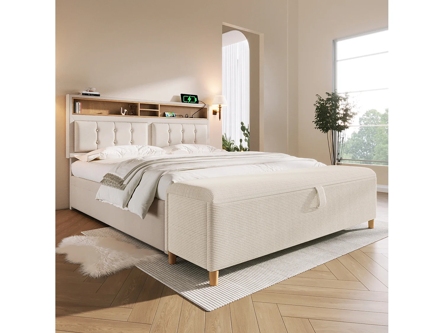 URBAN MEUBLE Ensemble lit coffre double rembourré avec tête de lit réglable, prise USB et coffre de lit (matelas non inclus)