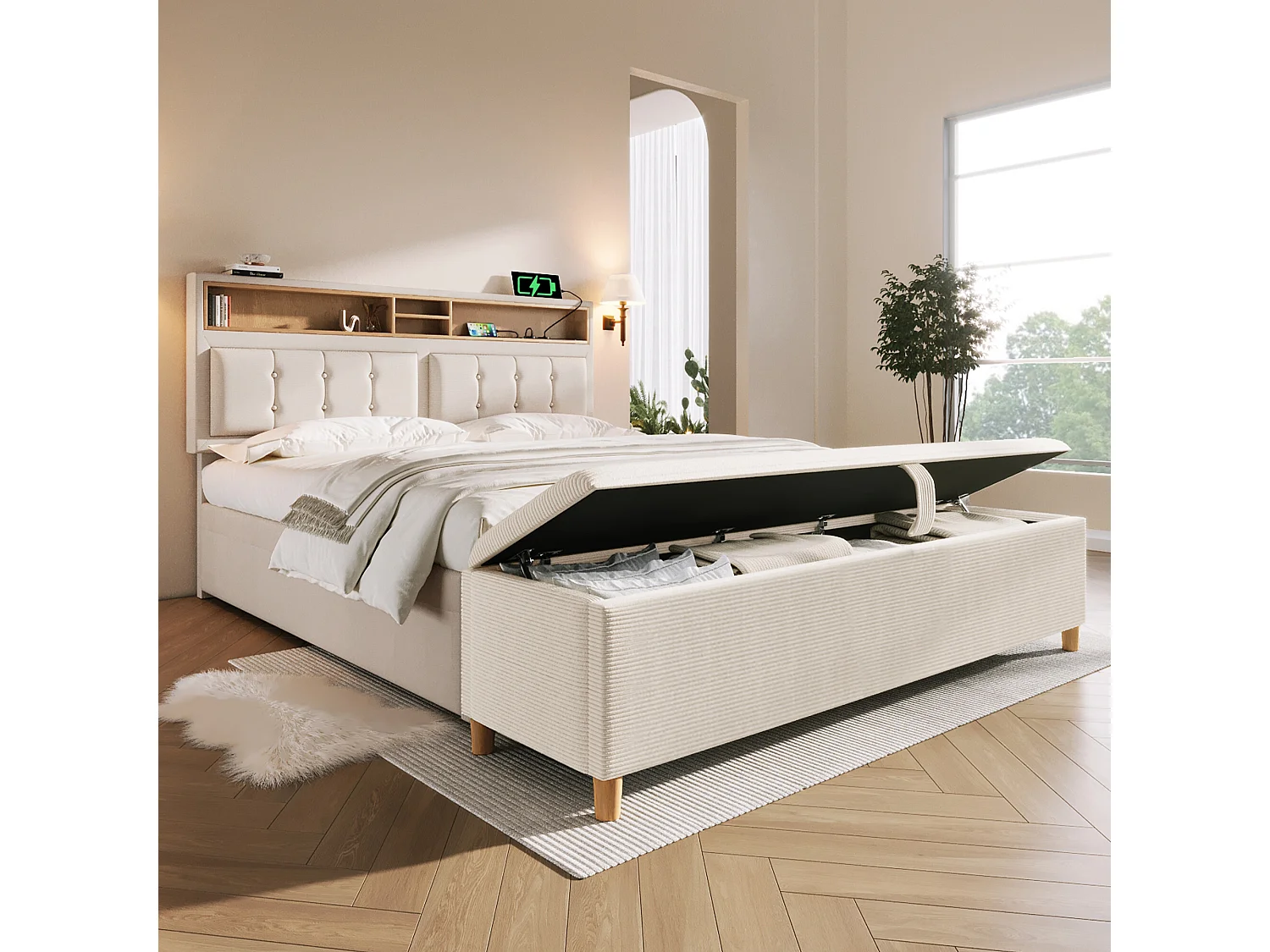 URBAN MEUBLE Ensemble lit coffre double rembourré avec tête de lit réglable, prise USB et coffre de lit (matelas non inclus)