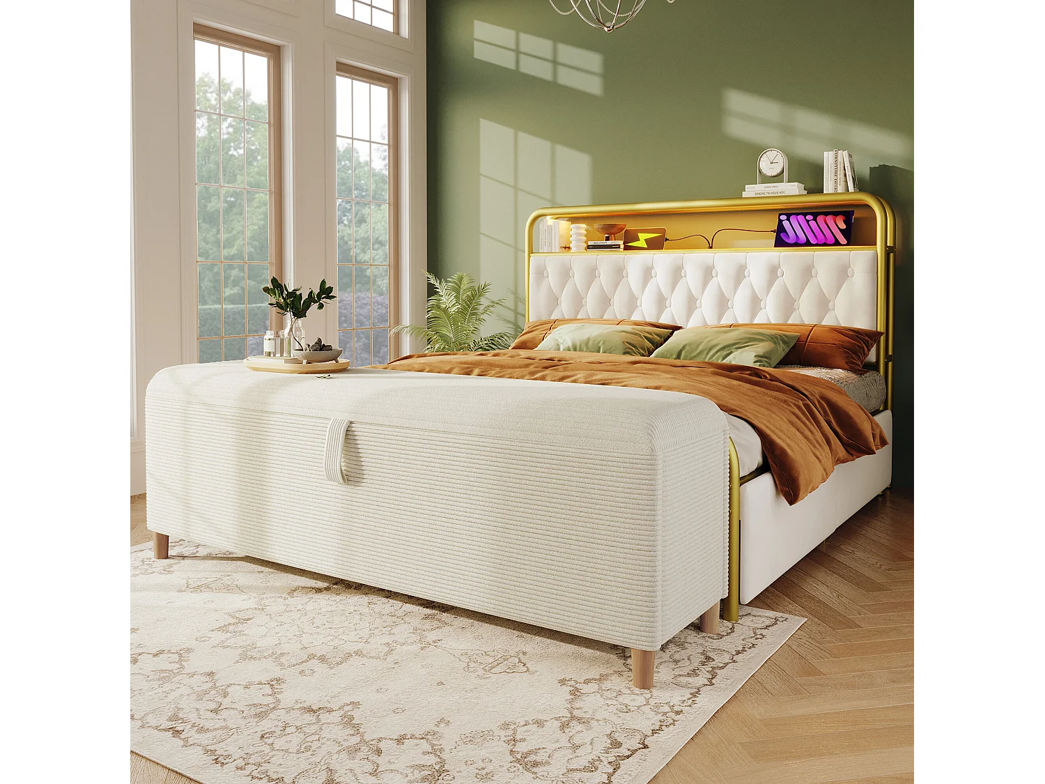 URBAN MEUBLE Ensemble lit coffre double rembourré avec tête de lit réglable, prise USB et coffre de lit (matelas non inclus)