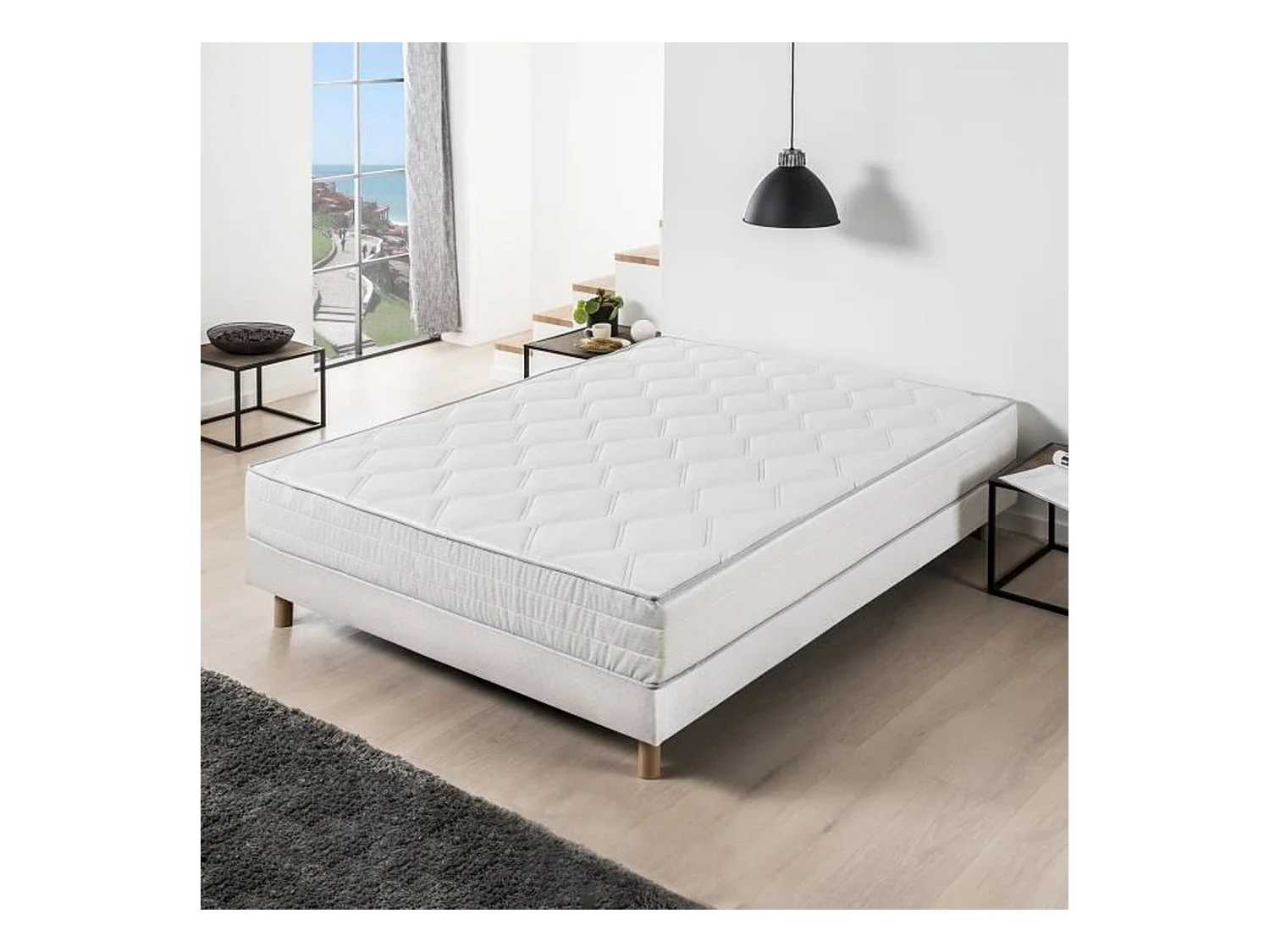 Ensemble Matelas ressorts + Sommier tapissier 140 x 190 cm - Confort équilibré - Epaisseur 23 cm - Galon gris