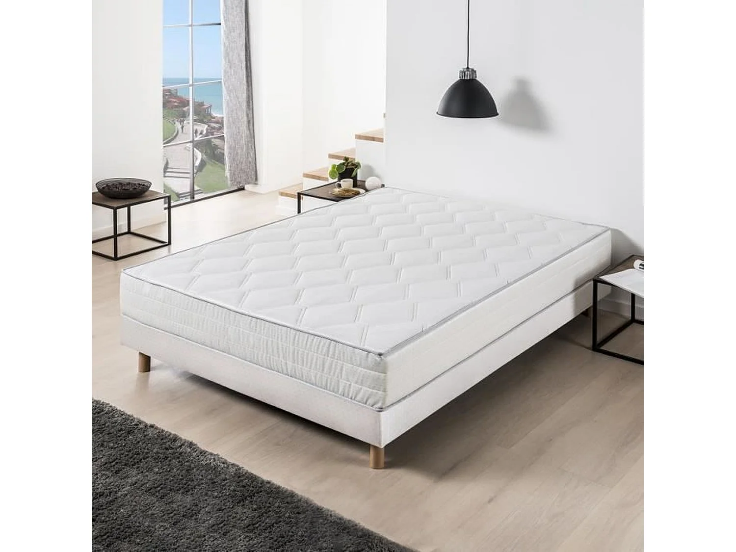 Ensemble Matelas ressorts + Sommier tapissier 140 x 190 cm - Confort équilibré - Epaisseur 23 cm - Galon gris
