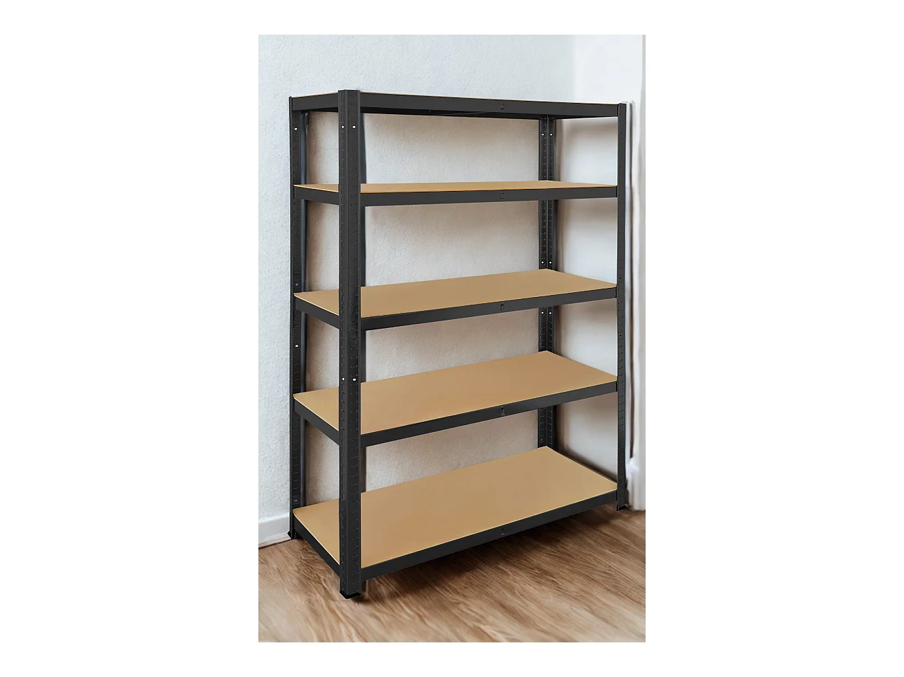 Rack en métal noir MDF – 150 x 75 x 30 cm - 4 étagères - Montage facile sans boulons