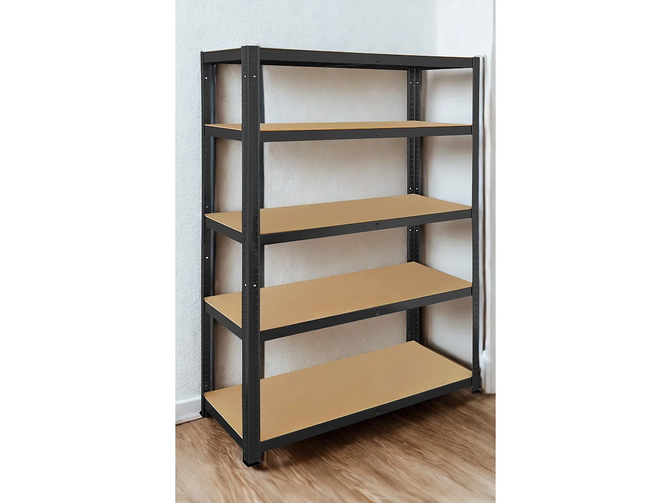 Rack en métal noir MDF – 150 x 75 x 30 cm - 4 étagères - Montage facile sans boulons