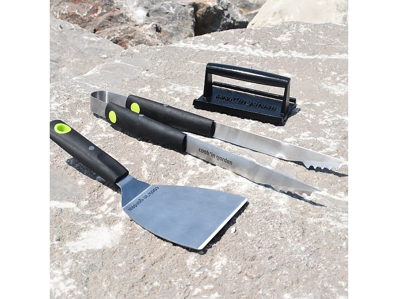 Kit d'ustensiles aimantés pour plancha – Spatule, pince et pressoir
