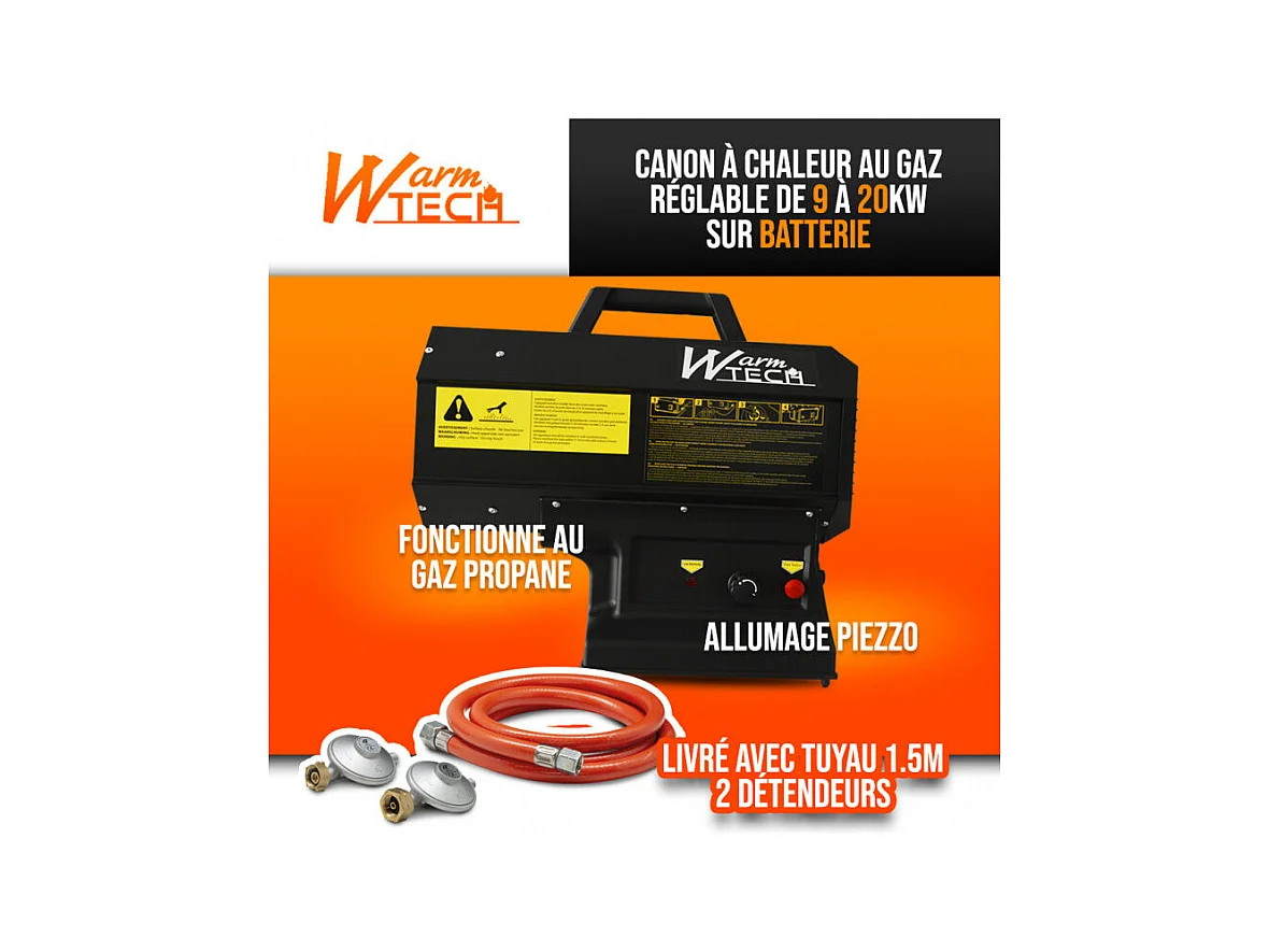 Canon à chaleur au gaz hybride Warmtech 9-20 KW - Batterie 20V 5Ah ou secteur 230V