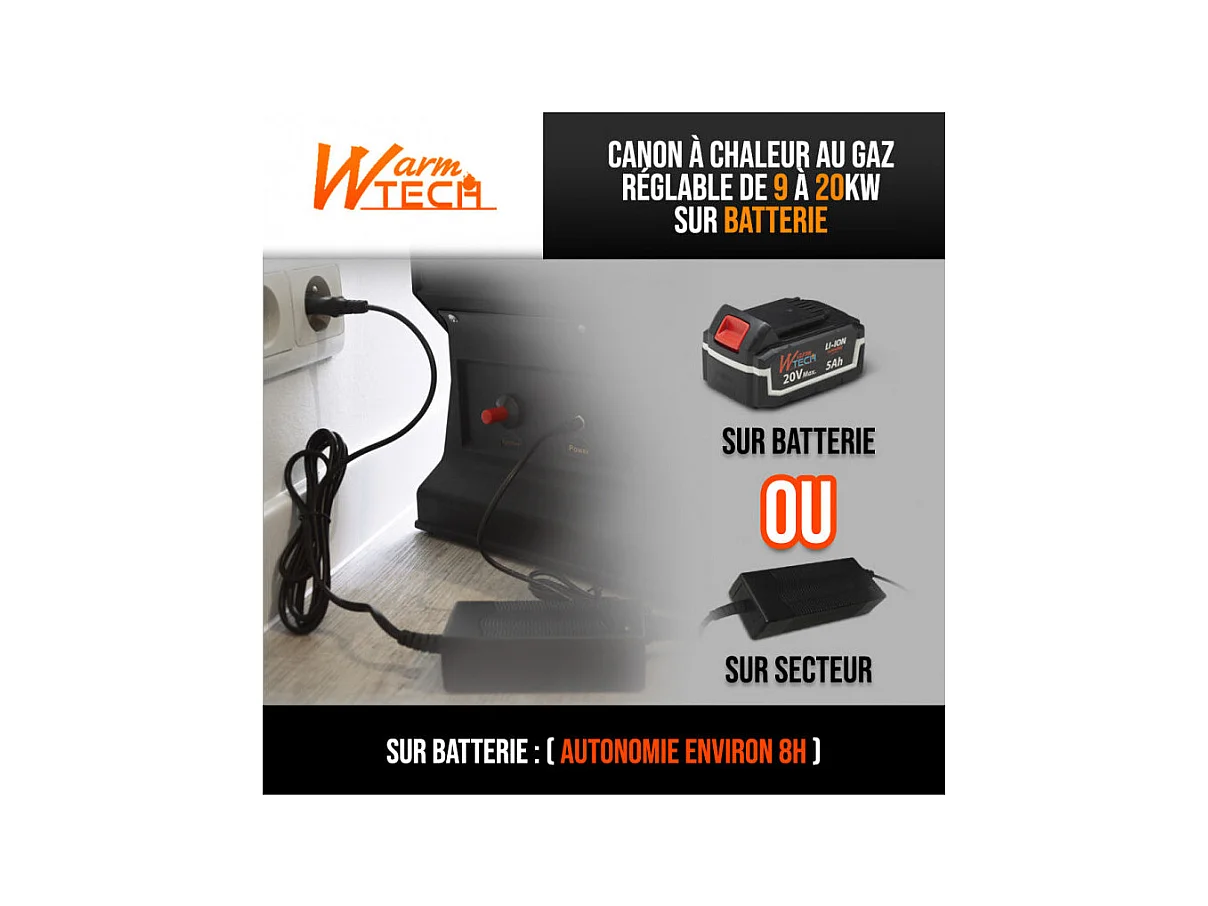 Canon à chaleur au gaz hybride Warmtech 9-20 KW - Batterie 20V 5Ah ou secteur 230V