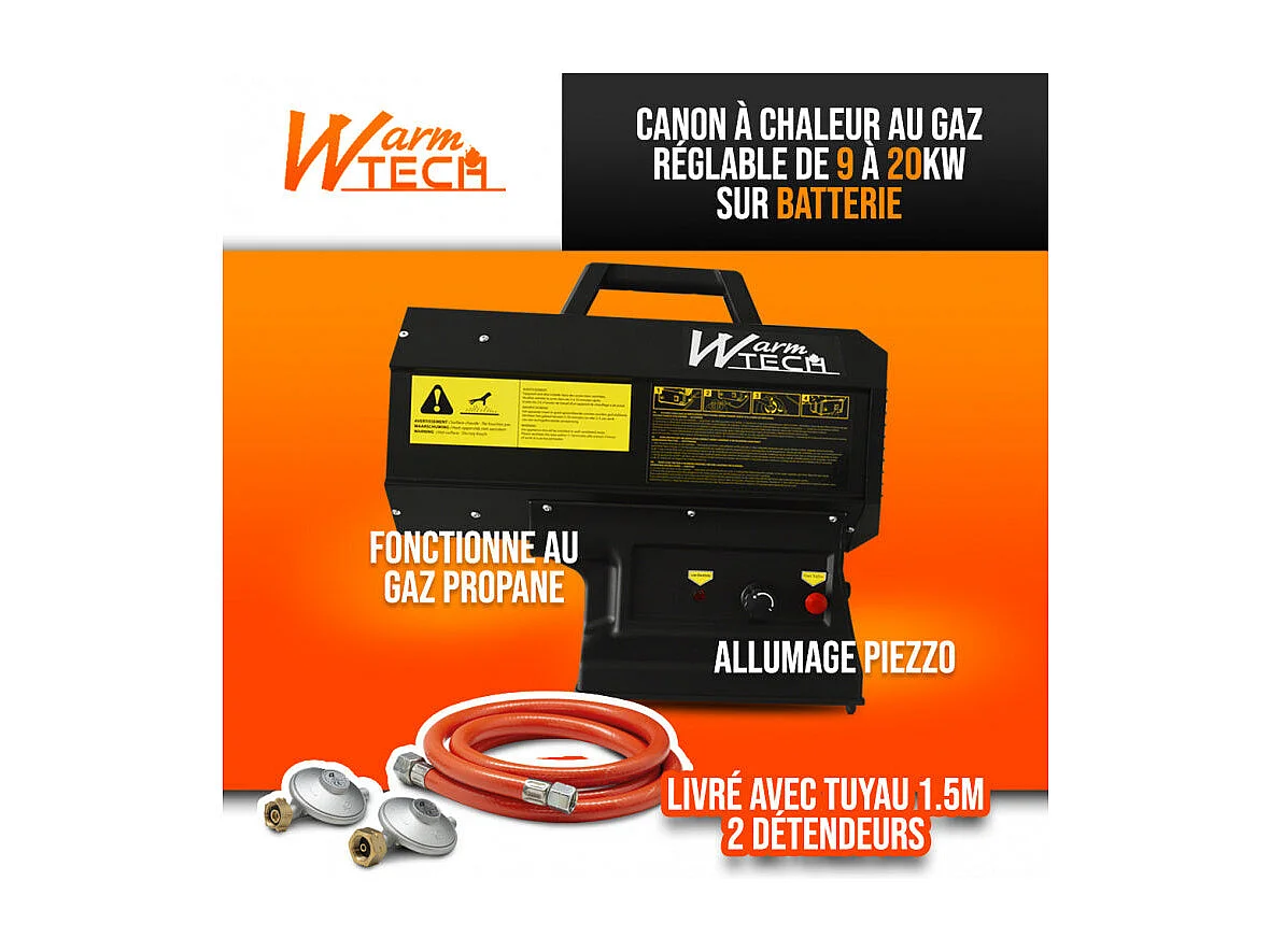 Canon à chaleur au gaz hybride Warmtech 9-20 KW - Batterie 20V 5Ah ou secteur 230V