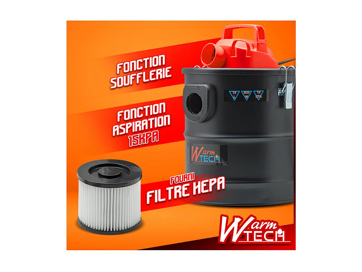 Vide-cendres Warm Tech 800 W, 15 L, 15 kPa avec soufflerie et filtre HEPA