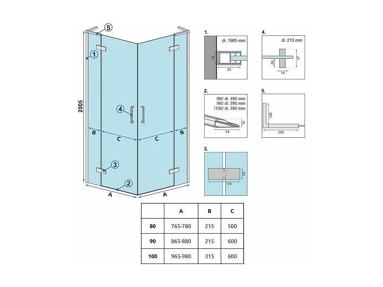 hörnduschkabin Rea HUGO DOUBLE borstad brun/koppar 90x90