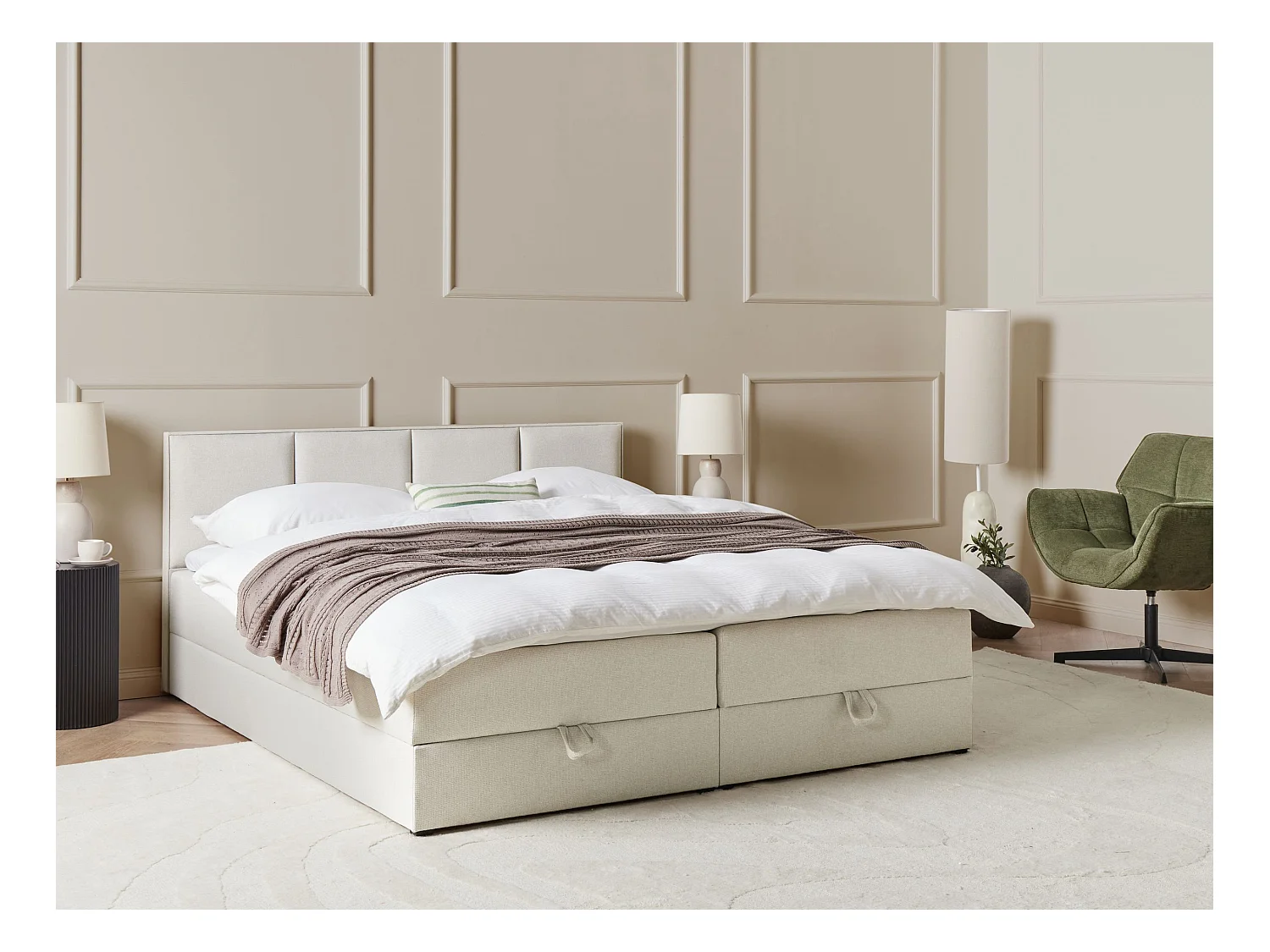 Lit boxspring avec rangement Tissu BARONET 180 x 200 cm Blanc cassé