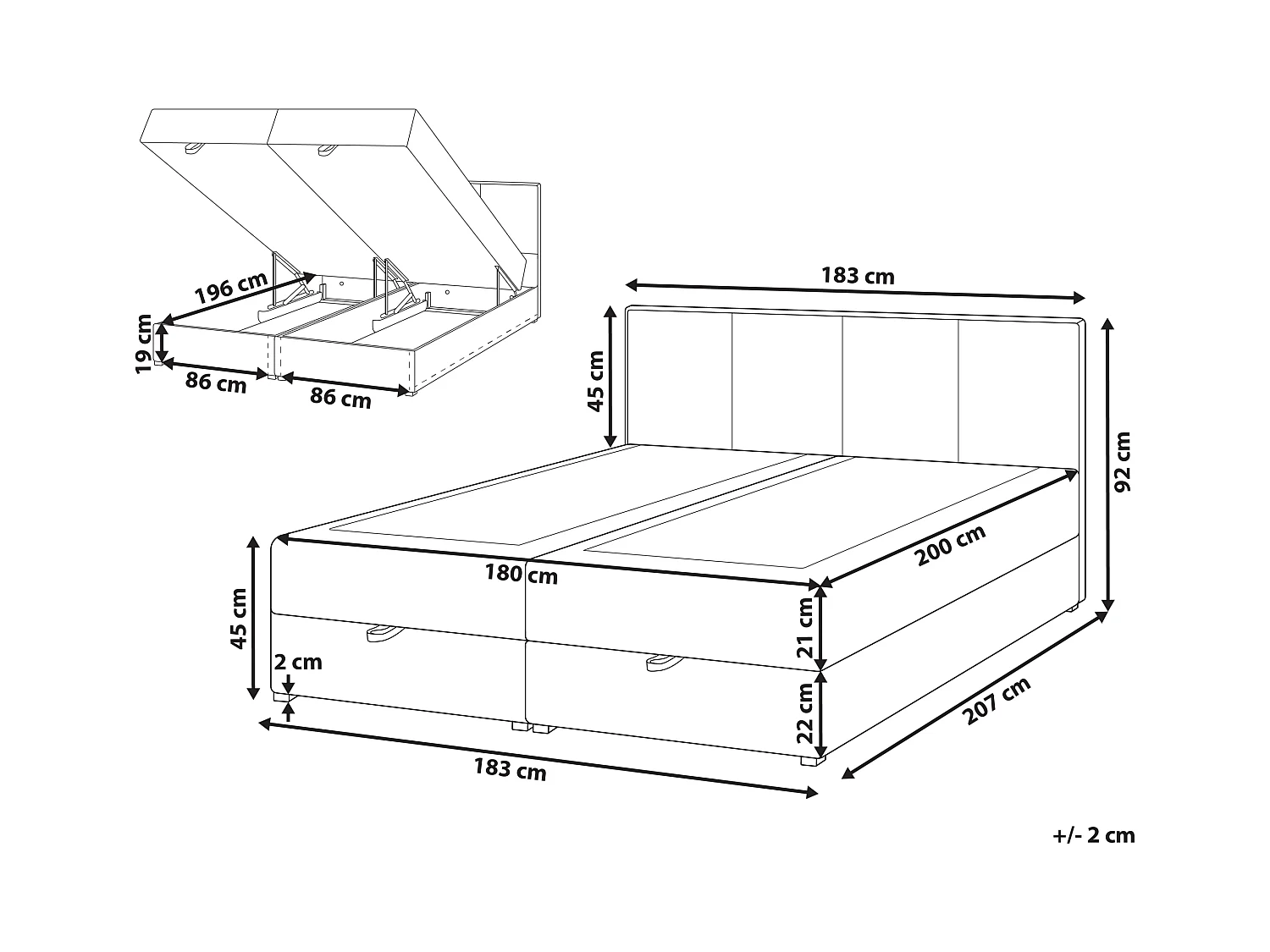 Lit boxspring avec rangement Tissu BARONET 180 x 200 cm Blanc cassé