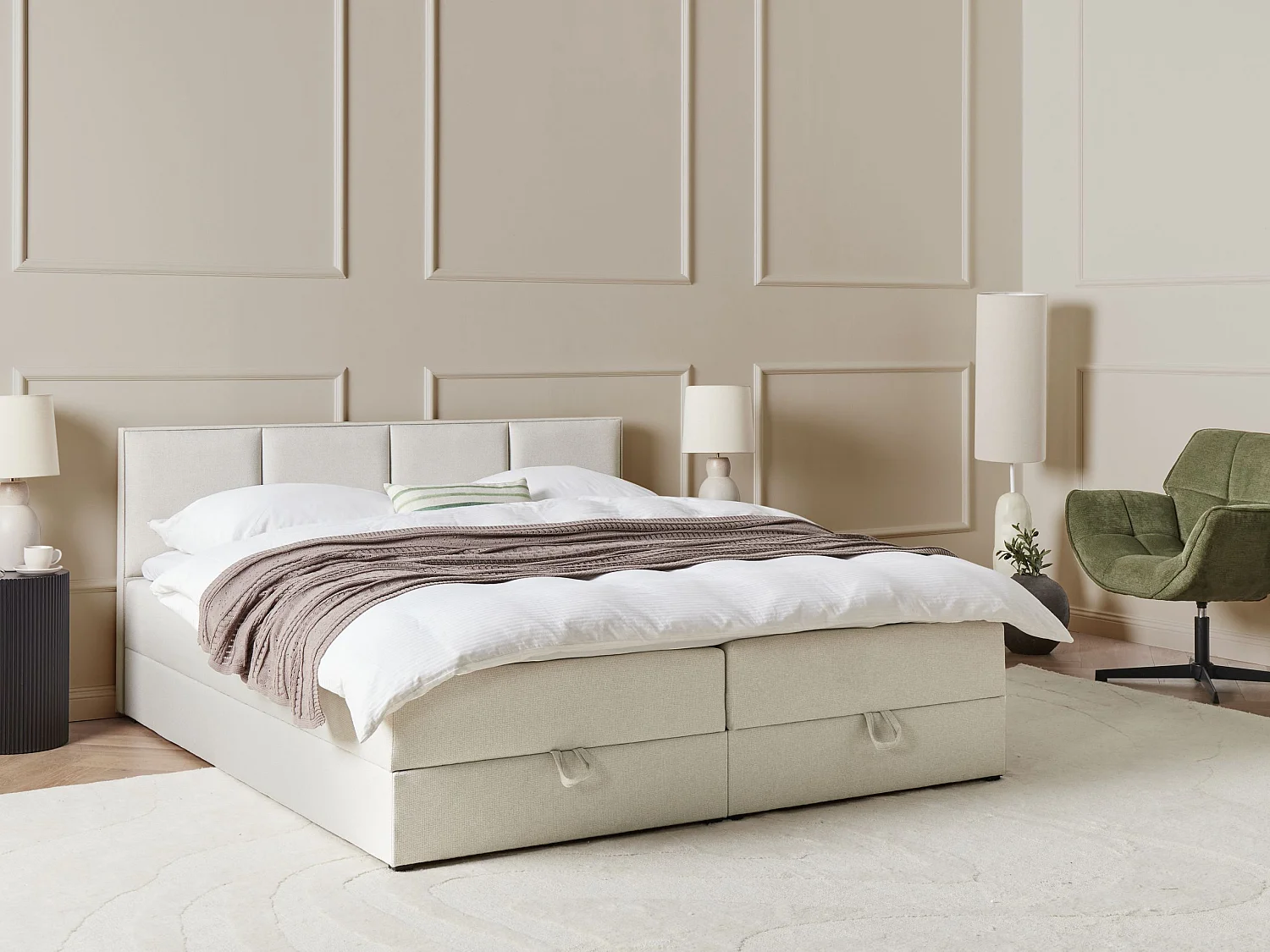 Lit boxspring avec rangement Tissu BARONET 180 x 200 cm Blanc cassé