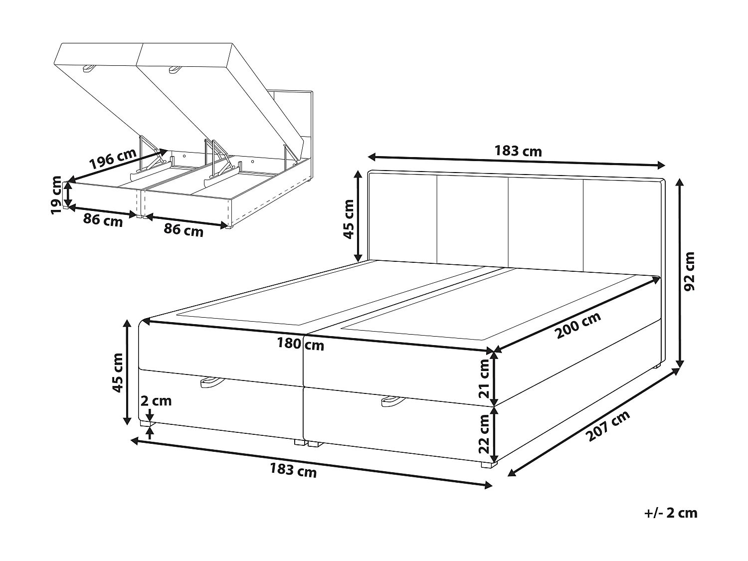 Lit boxspring avec rangement Tissu BARONET 180 x 200 cm Blanc cassé