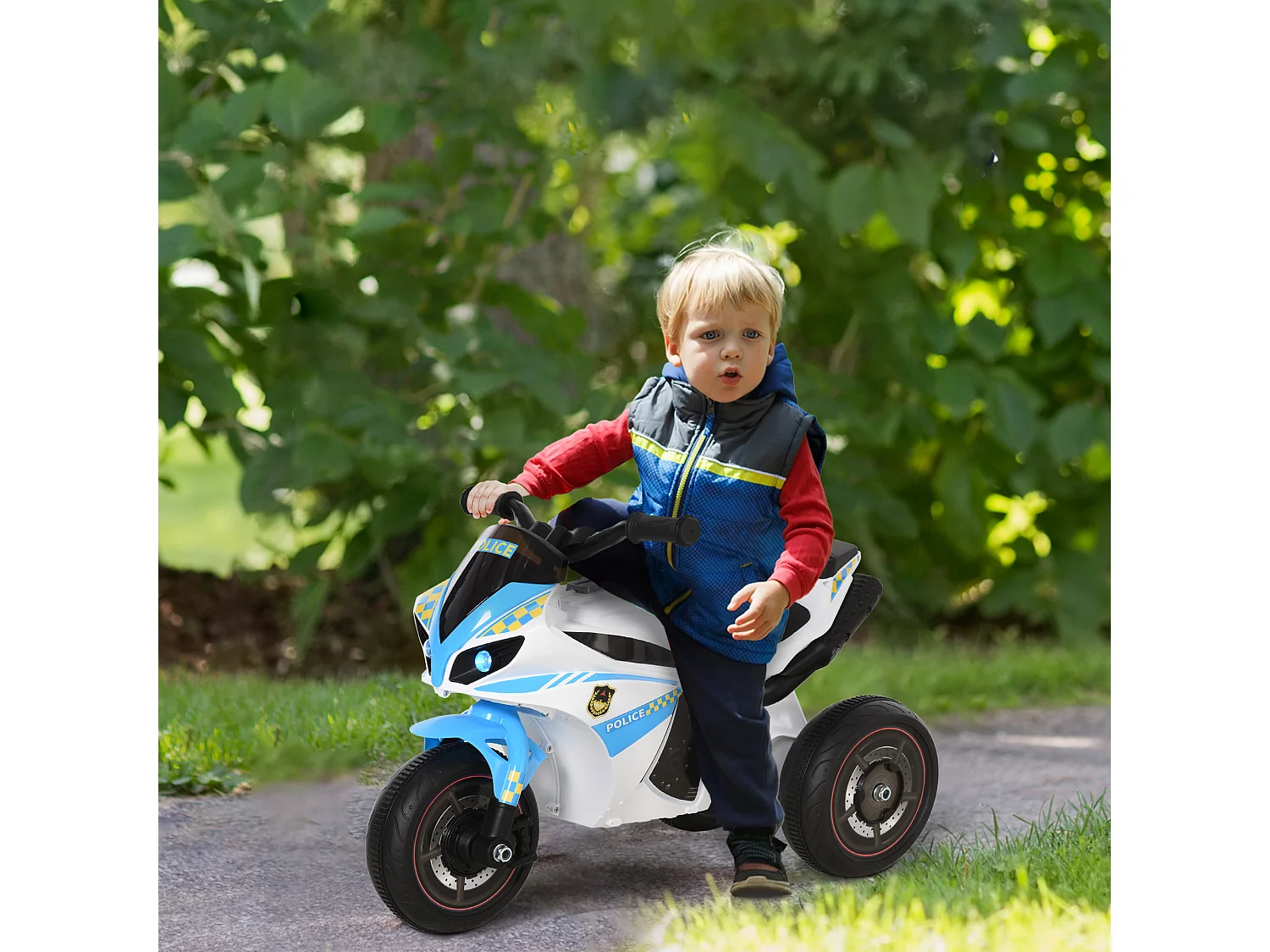 Porteur enfants moto de course effets musicaux et lumineux coffre rangement bleu blanc